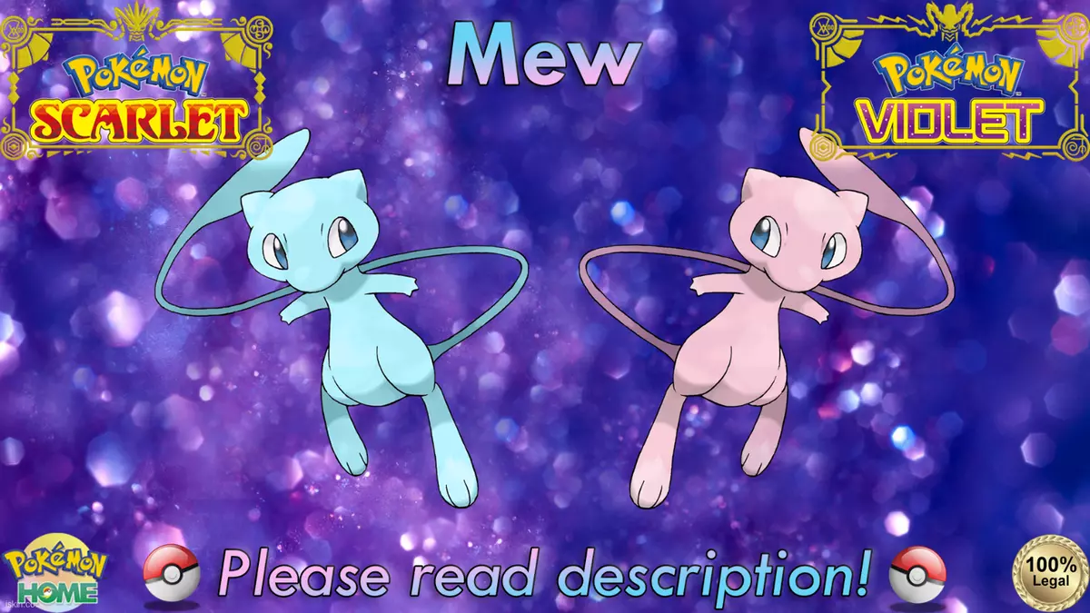 Mew. mew, the legendary pokémon. mew, the mythical pokémon. a half shiny mew.  mew is half shiny. mew is pink and blue. a multicolored mew. pokémon  scarlet and pokémon violet, paldea region