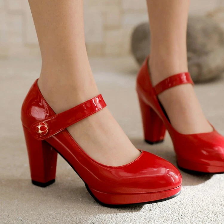 Womens Block High Heel Strap Court Ladies Round Toe Mary Jane