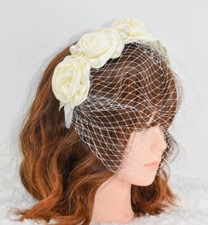 SATIN IVORY FLOWER BRIDAL FASCINATOR HEADBAND WITH FACE VEIL NET