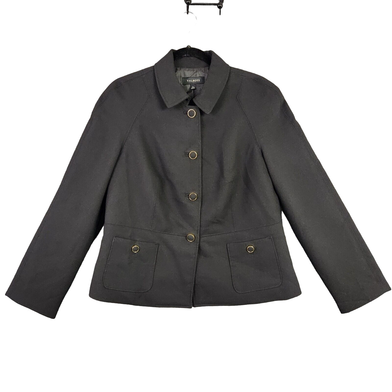 TALBOTS Black Long Sleeve Lined Single Breasted Wool Button Jacket Twee SIZE 14