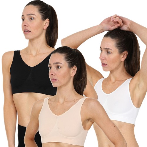 3 Pack Seamless Bras Comfort Marl Non Wired Sleep Bra Stretch Unpadded Crop Top - Picture 5 of 29