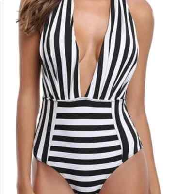 NEW Cocoship Women's Black/White One Piece Halter Lined Deep Neck Swimsuit Sz 6