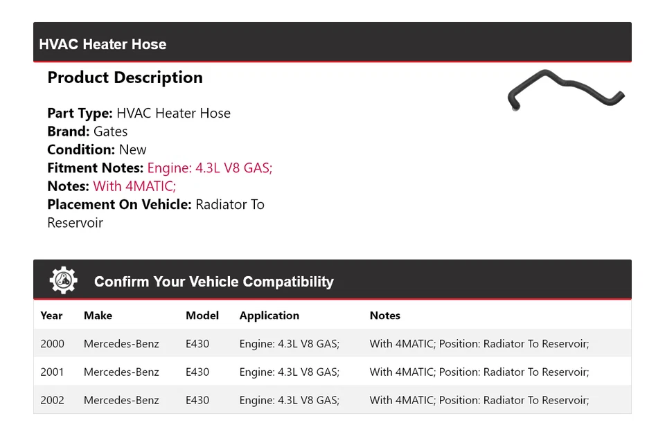 For 2000-2002 Mercedes-Benz E430 HVAC Heater Hose Radiator To Reservoir Gates - Image 2 of 3