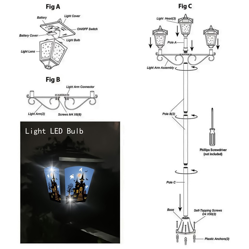 72" Halloween Solar Lamp Post Lights Triple Head Outdoor Garden Street