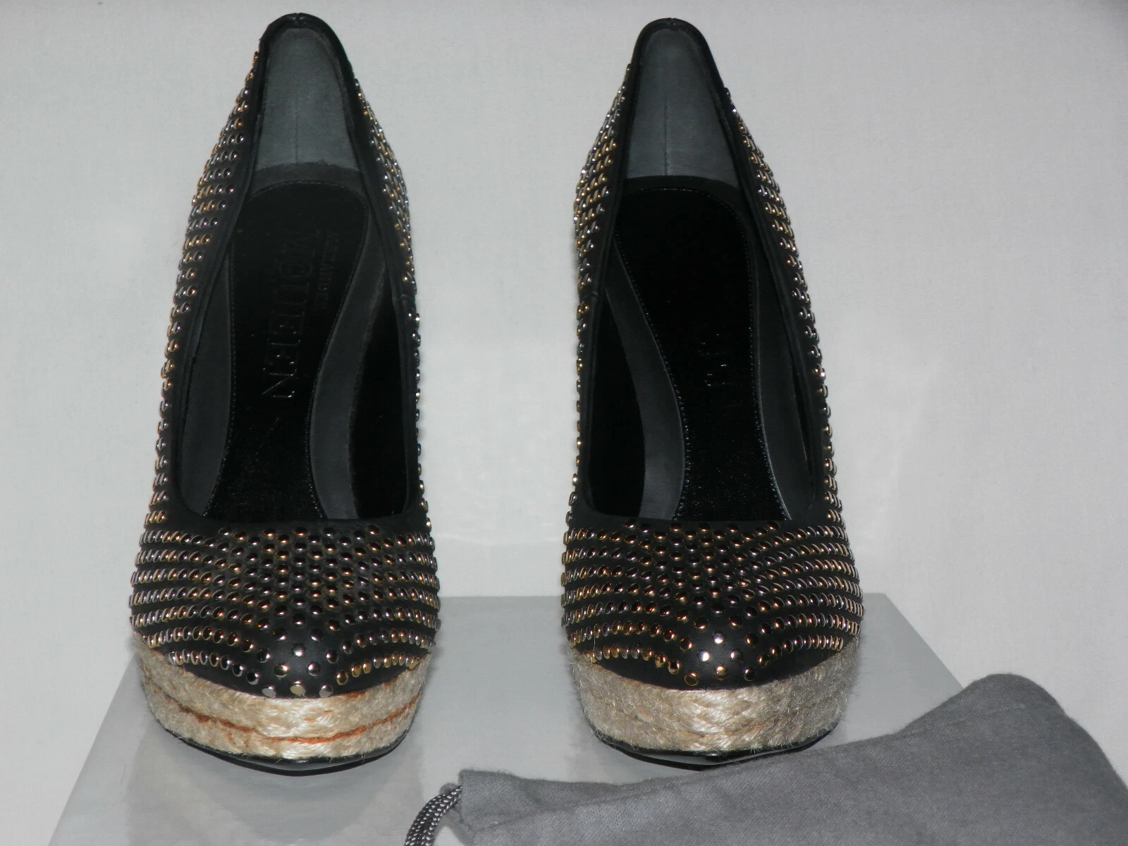 DÉCOLLETÉ ALEXANDER MCQUEEN ESPADRILLAS BORCHIATE PELLE NERA TACCO CORNO TG.7US 37IT