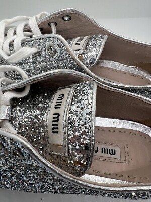 Miu Miu Women's Cap Toe Silver Flat Shoes Sneakers Lace Up Size