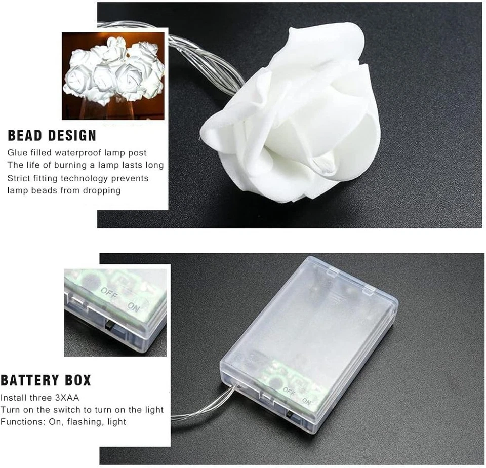 10-80 Led Rose Flower Fairy String Lights Battery Powered Garland Party Decor - Image 3 of 4