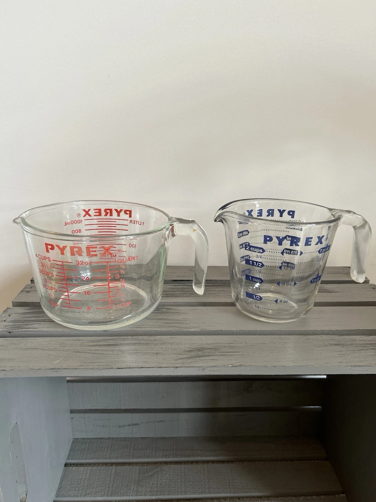 2 Vintage PYREX Measuring Cups Red And Blue
