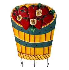 Strawberry Basket Hand Painted Metal Wall Decor with 3 Hooks 16.5"H