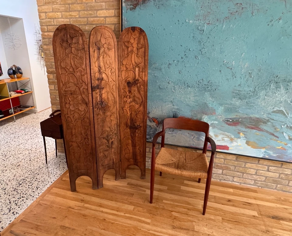 Estudio Mexicano Madera Tallada Sol Flor Panel Pantalla Plegable Divisor de Habitación De Colección Mcm Foto 2 de 4