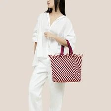 NWT $340 Naghedi Havana Medium Striped Woven Neoprene Tote Bag in Jaipur Red