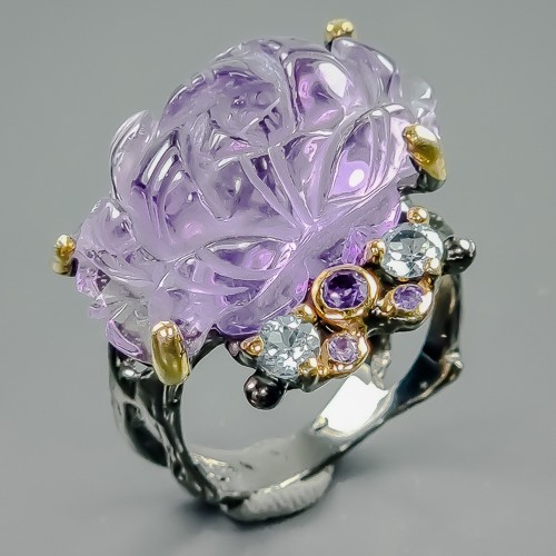 Carving gem 32 ct Natural Amethyst Ring 925 Sterling Silver Size 8 /R419542