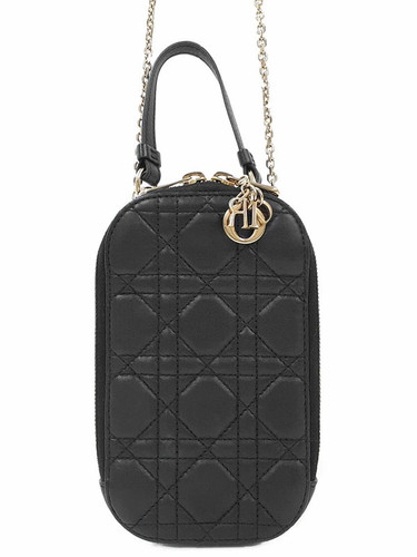 Christian Dior Lady Phone Holder Lambskin Leather Black Bag with Box #TB1242