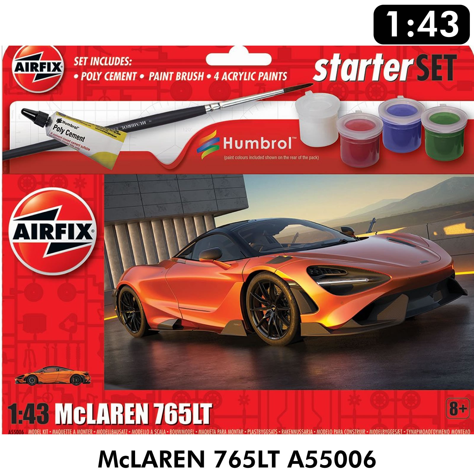 Airfix McLAREN 765LT Supercar 1:43 Starter Set Cement Brushes Paint 1:72 A55007