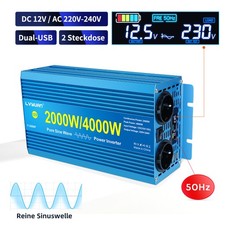2000W 4000W Reiner Sinus Spannungswandler 12V auf 230V Wechselrichter 2USB 2AC