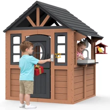 Kids Outdoor Playhouse, Wooden Playhouse with Play Kitchen, Working Doorbell,...