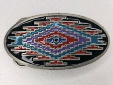 Turquoise Belt Buckle 1993 Southwestern Native American Style Geometric Pattern