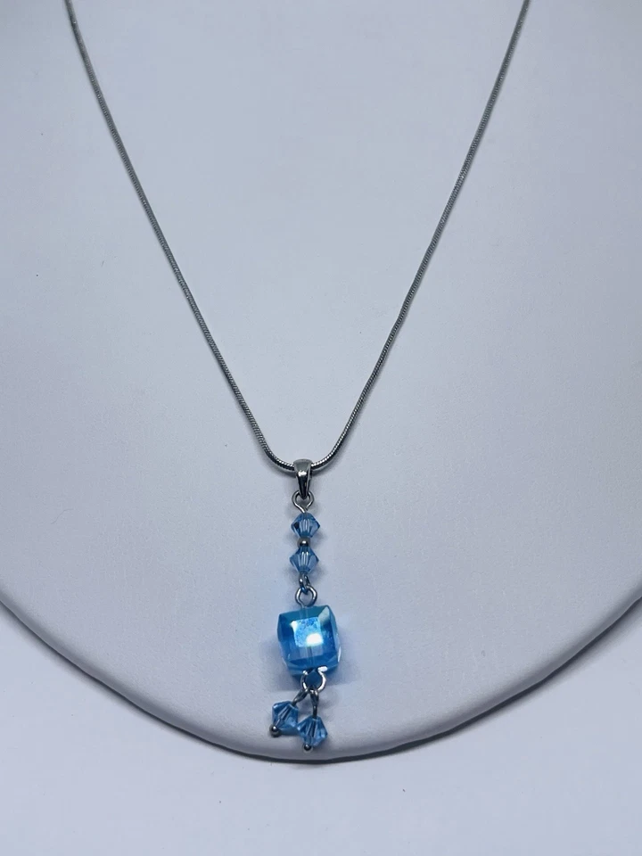 Blue Swarovski Crystal Cube Pendant Rhodium Plated Sterling Silver Necklace 16” - Image 3 of 4