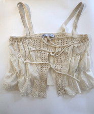 Zara Mixed Knit Crop Top Cream Crochet Eyelet Tie Front Camisole Womens Size S