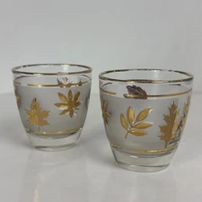 (2) Vtg Libby Frosted Cocktail Glasses Gold Autumn Leaf Foliage MCM bar dining
