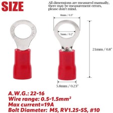 100/200pcs Insulated 10 Ring Terminals Crimp 22-16AWG Wire Connector RV1.25-5S