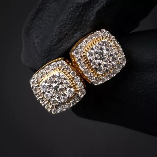 2Ct Round Cut Real Moissanite Men's Cluster Stud Earrings14K Yellow Gold Plated - Picture 5 of 8