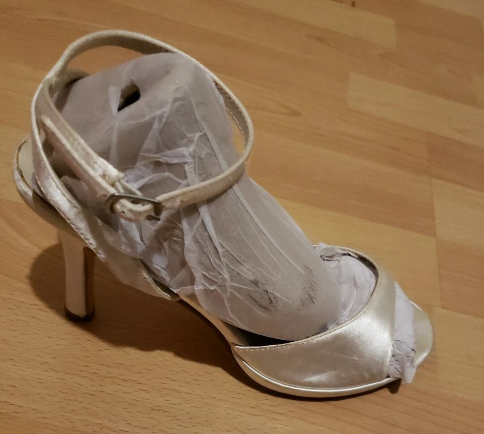 Zapatos de retoque 6 1/2 M nupcial graduación blanco satinado correa al tobillo bomba 3" tacones brillantes Foto 3 de 4