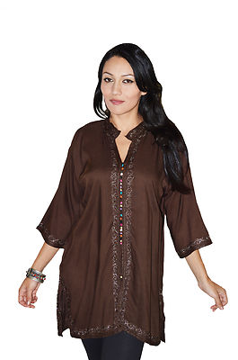 Ethnic Caftan Women Tunic Shirt Cotton Moroccan Casual Chocolate SML To MED
