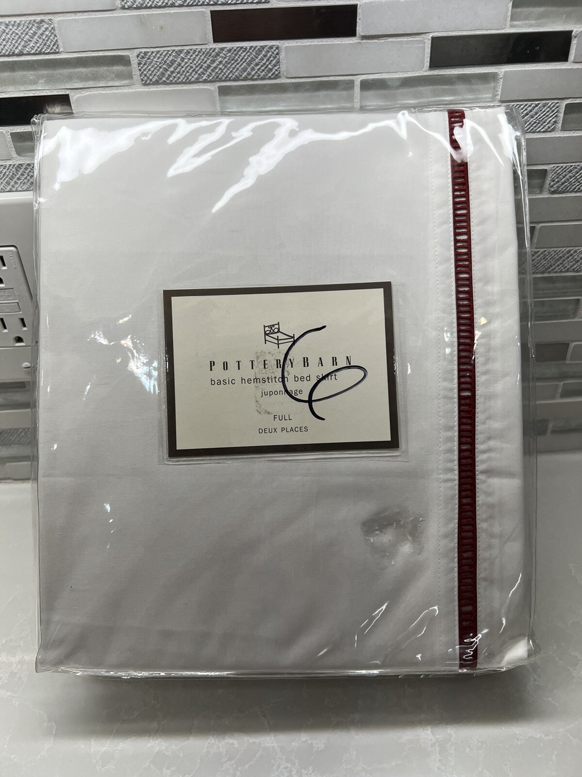 Pottery Barn Bed Skirt FULL White Red 100 Cotton Drop Hemstitch