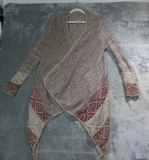 TRILLIUM Open Cardigan Sweater Womens Large Beige Boho Waterfall Hem Fringe USA