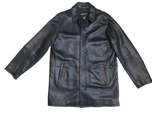 Eddie Bauer Lamb Leather Black Long Coat Wool Blend Lining Mens L Tall - Picture 12 of 14
