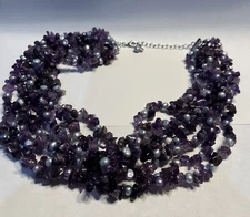 Purple Amethyst 7 Strand Layered Necklace With Pearls 17”-20”