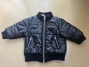 Baby boy puffer bomber stylish black metal jacket. Amy Coe size 12m