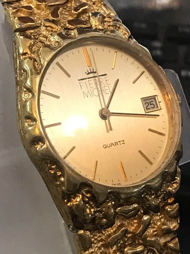 Orologio Uomo Pierre Michel 32mm Swiss Made Pepita Dorata Data Quarzo, Funzionante (Lotto2239) - Foto 3 di 12