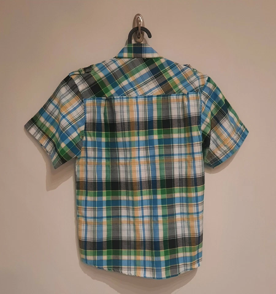 Chams Button Down Short Sleeve Shirt Kids Size 7 Plaid Green Blue Yellow EUC - Image 2 of 4