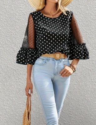 Damens Bluse mit Polka-Dot-Print und Spitzenärmeln - Lockere Passform, Rundhals