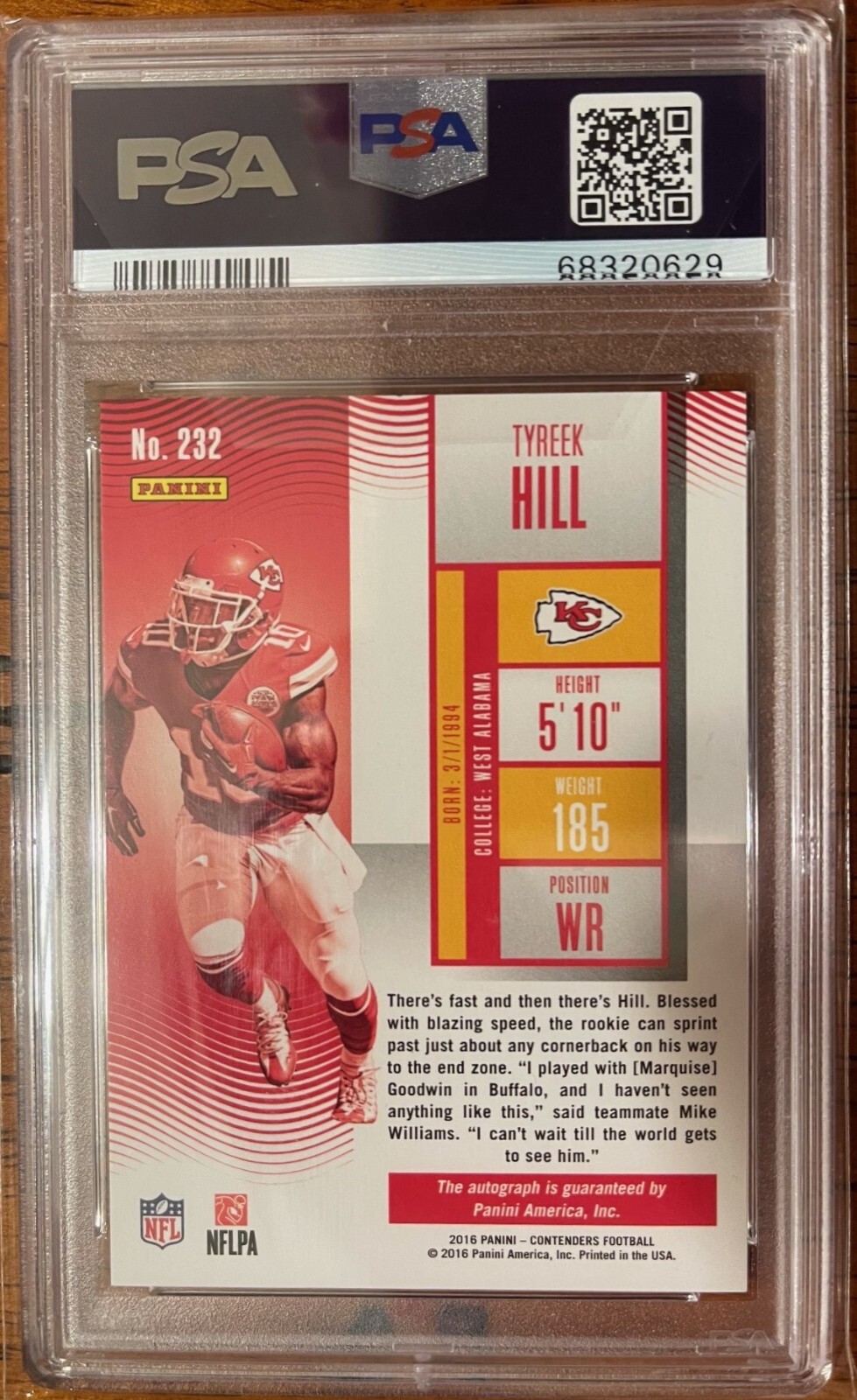 2016 Panini Contenders Football #232 Tyreek Hill RC Auto PSA 10 Gem Mint POP 36 view 2