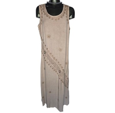 Vintage Beige Hippy Granola Boho Embroidered Floral Geometric Designs Maxi Dress