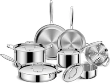 EWFEN Pots and Pans Set, 3 Ply 11 Piece Stainless Steel Cookware Set