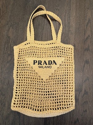 PRADA raffia LOGO CROCHET Tote Bag