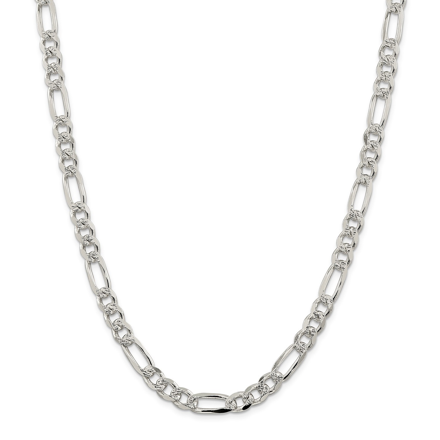Sterling Silver 8mm Pave Flat Figaro Link Chain w/ Lobster Clasp 18" - 30"
