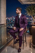 Mens Plum Purple 2 Piece Suit Slim Fit Peak Lapel Shiny Prom Wedding Party Set