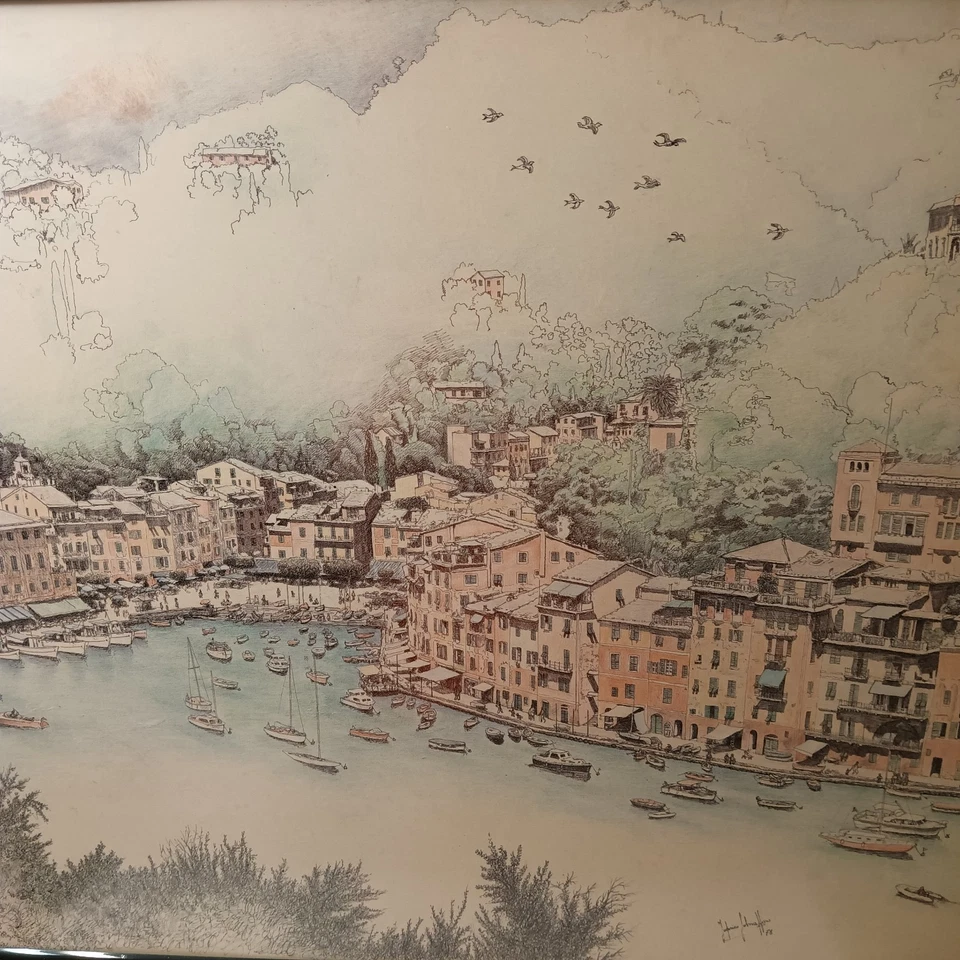 Original boceto coloreado a mano, firmado Fredrico. Portofino Riveria, Italia Foto 4 de 4