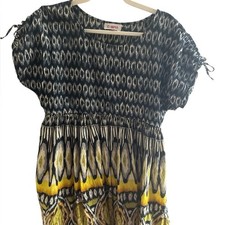 C.Miya Vintage Women's  LargeCotton Black Yellow Mini Dress Top Gathered Waist