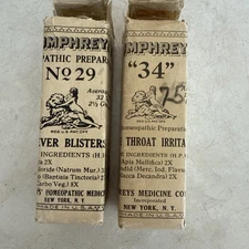 Antique Humphrey’s Homeopathic Medicines  #29 & #34 Boxes, Bottles, Info