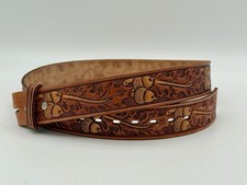VTG NEW 34-36 Tooled Brown OAK LEAF ACORN Leather Cowboy Western Belt Top Grain