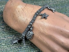 VINTAGE 8" PEWTER BEACHY CHARM BRACELET STAR FISH TURTLES