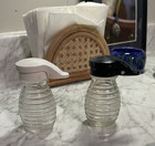 Clear Ribbed Glass Salt & Pepper Shaker Set (2) Flip-Top Lids White/Black — photo 1