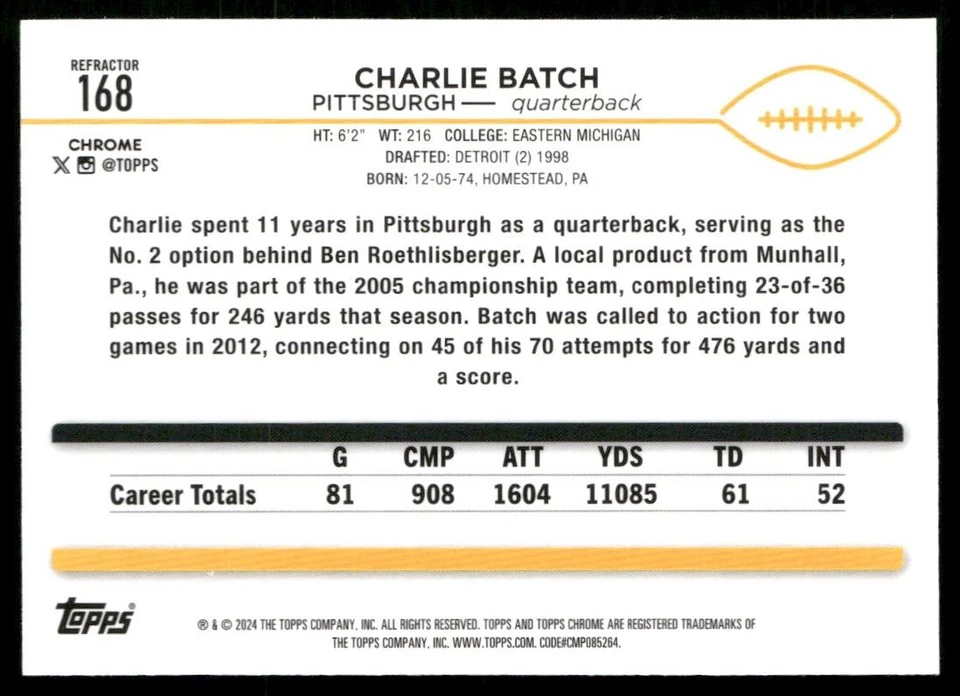 2024 TOPPS CHROME BASE SET CHARLIE BATCH PITTSBURGH STEELERS #168 - Image 2 of 2