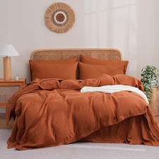100  Orange Linen Duvet Cover and 2 Pillowcases bedding set With Water Buttons